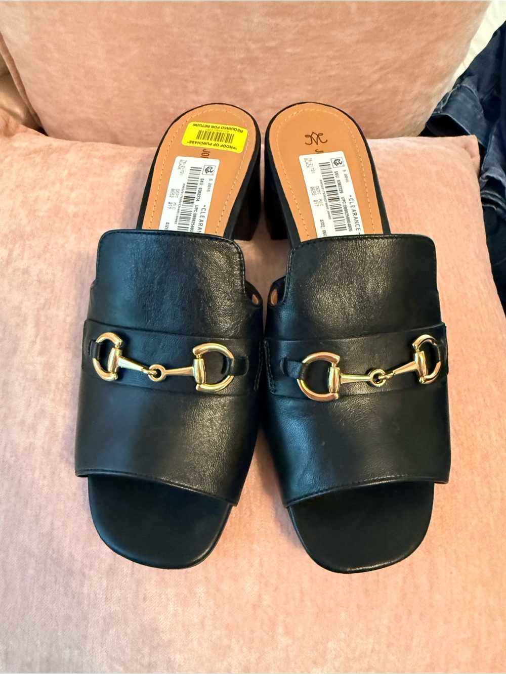 Johnston & Murphy Black Leather Slide Mules with Gold Horsebit